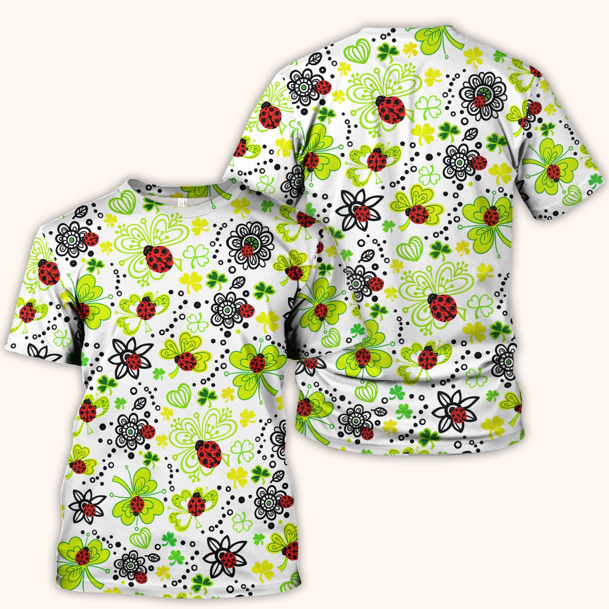 Ladybug Clover Floral Pattern Print Scrubs Nurses, Breathable Fabrics Nursing Uniform