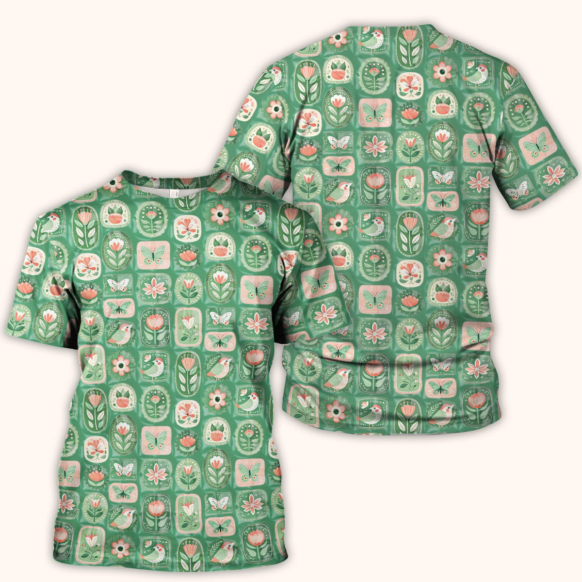 Folk Art Floral Bird Butterfly Garden Nurse Scrub Top