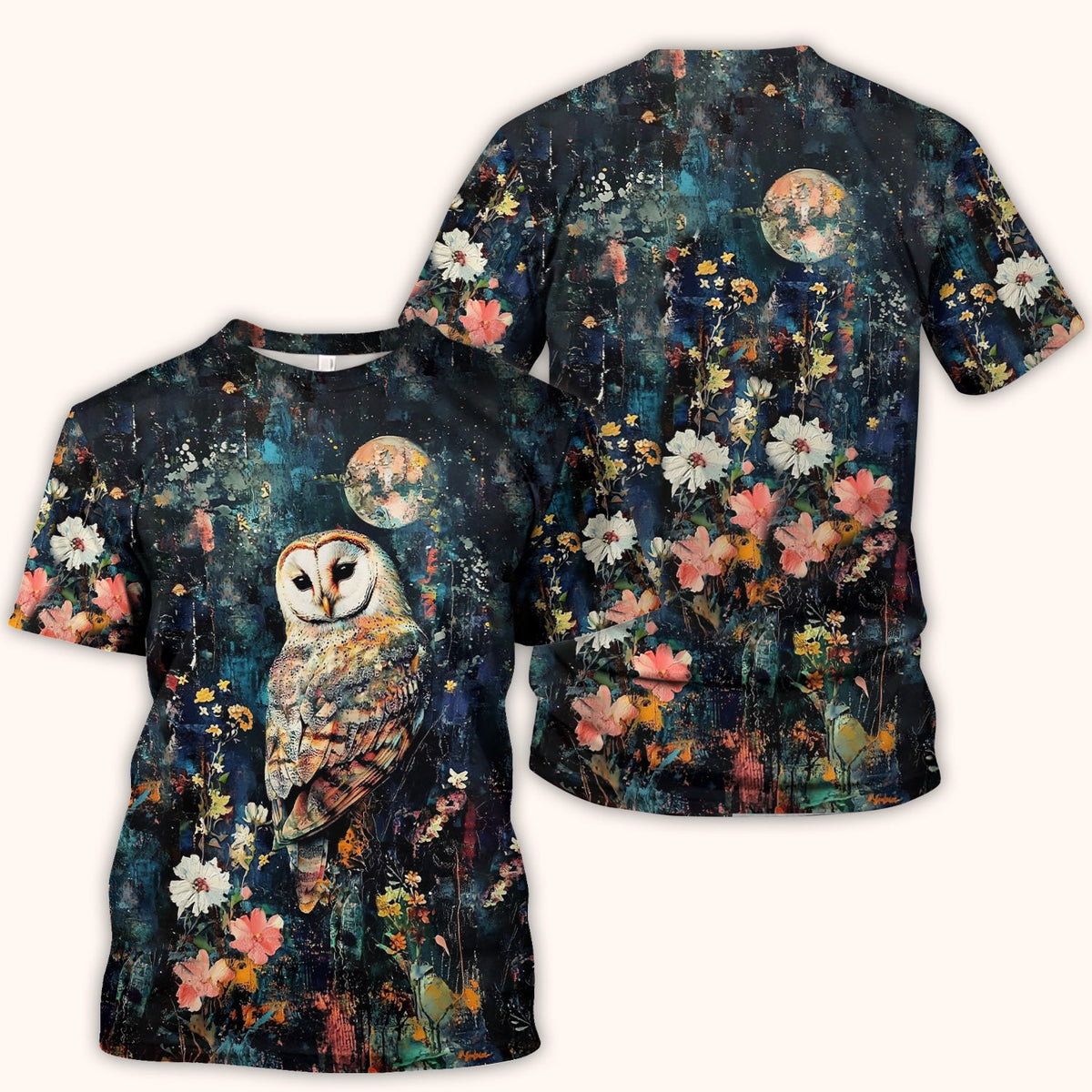 Moonlit Barn Owl Floral Pattern Scrub Top, Comfortable Scrubs for Nurses