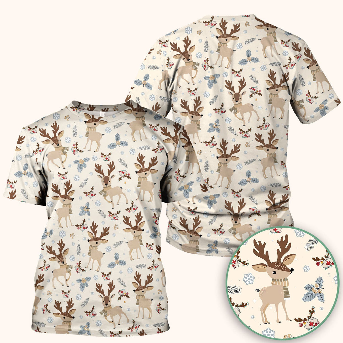 Reindeer Christmas Scrub Top - Cozy Beige Holiday Nurse Shirt with Cute Deer Pattern - Festive Medical Scrubs for Women RN CNA LPN