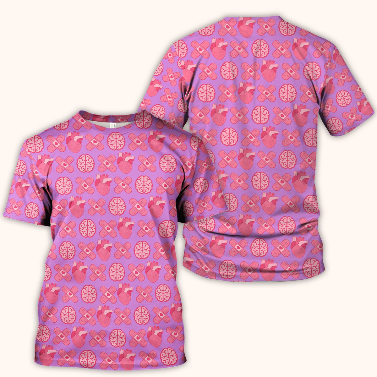 Heart & Brain Medical Icon Pattern Scrub Top, Breathable Fabrics Nursing Uniform