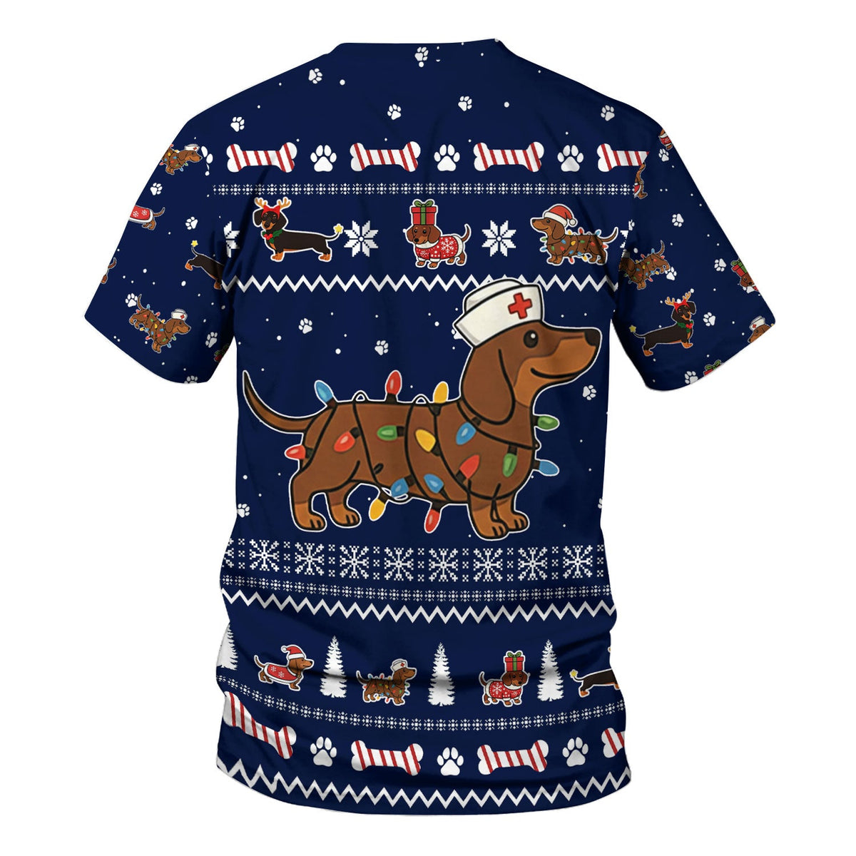Christmas Dachshund Nurse Scrub Top for Women - Cute Sausage Dog Wearing Lights - Funny Holiday Medical Shirt Gift for RN CNA LPN