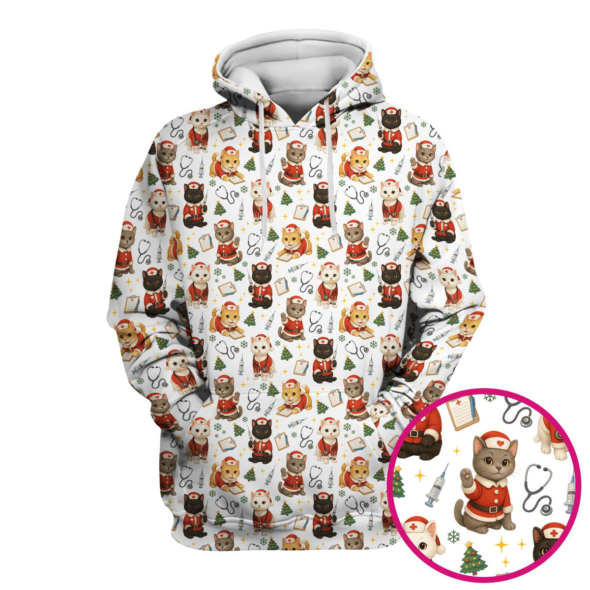 Funny Nurse Scrub Top for Women - Christmas Lucky Cat Design - Cute Holiday Nursing Shirt Gift for RN LPN CNA
