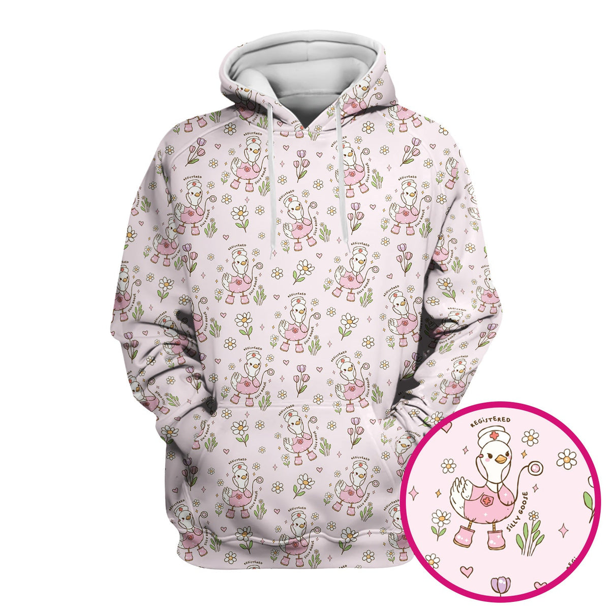Funny Nurse Goose Daisy Print Scrub Top, Breathable Fabrics Nursing Uniform