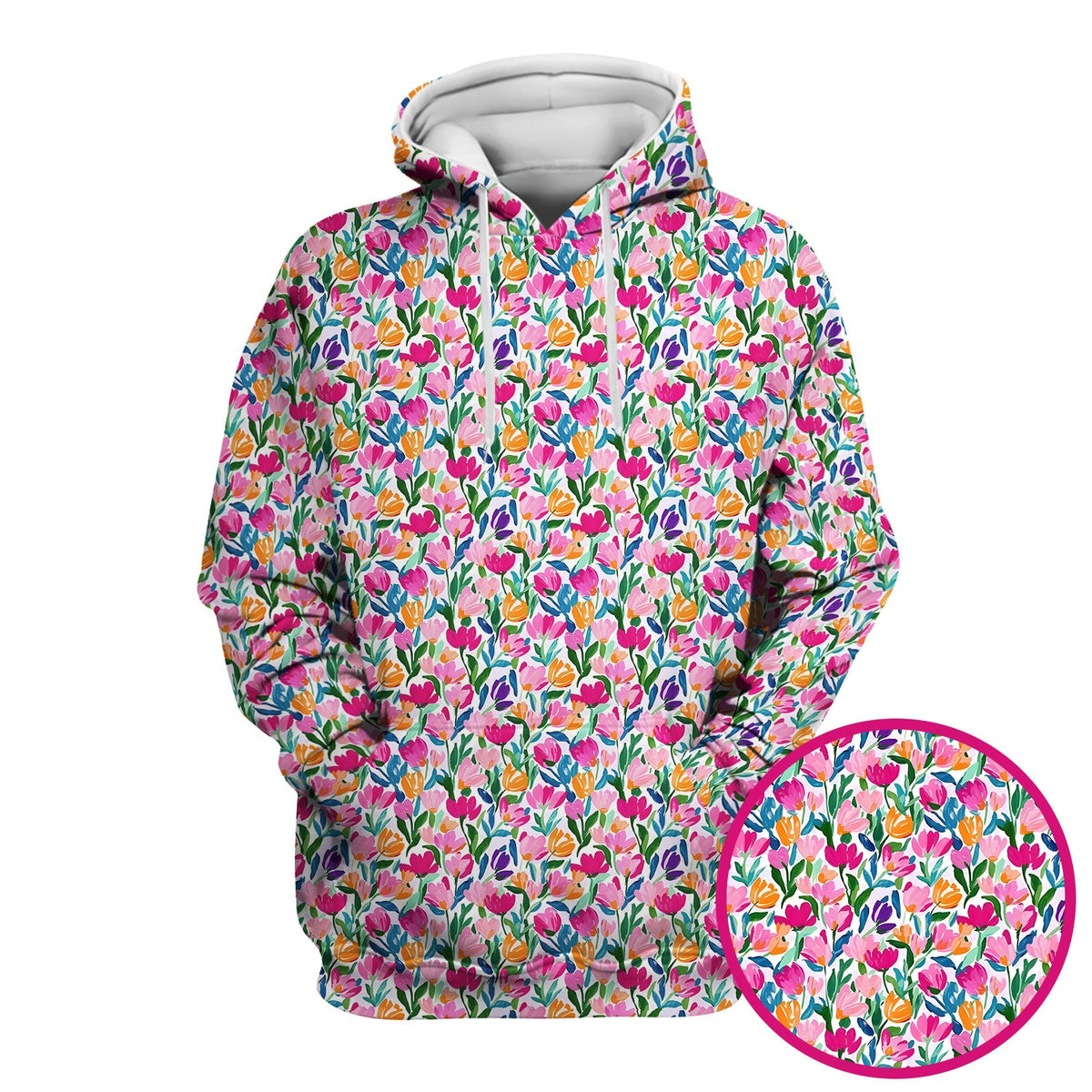 Vibrant Tulip Meadow Pattern Scrub Top, Breathable Fabrics Nursing Uniform