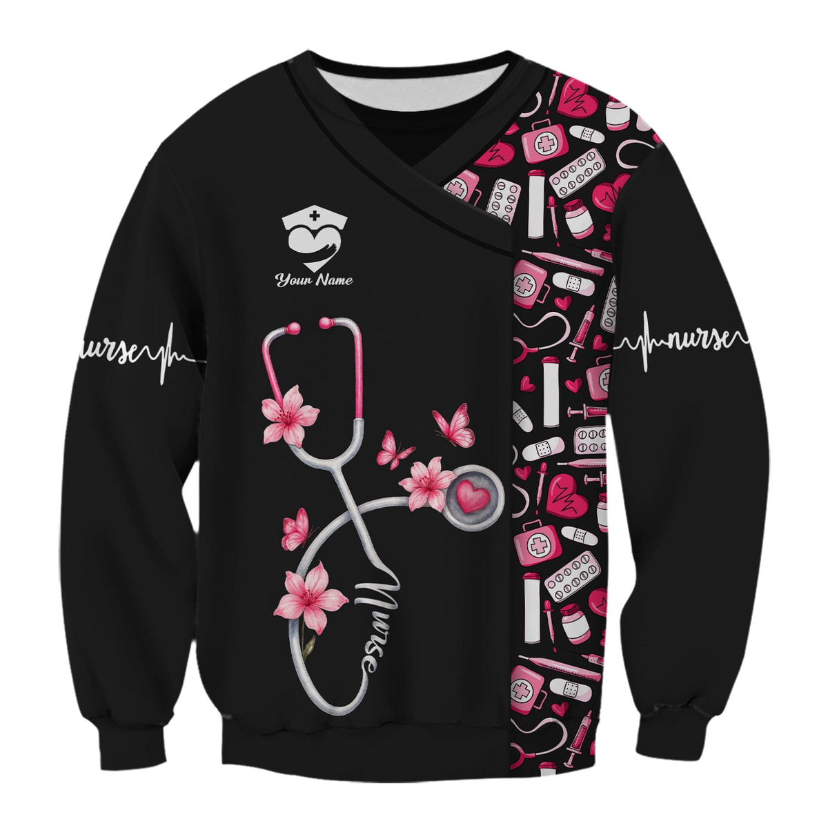 Custom Cute Floral Nurse Scrub Top for Women - Medical Uniform with Stethoscope Design - Comfortable Workwear for RN, CNA, LPN, Medical Staff