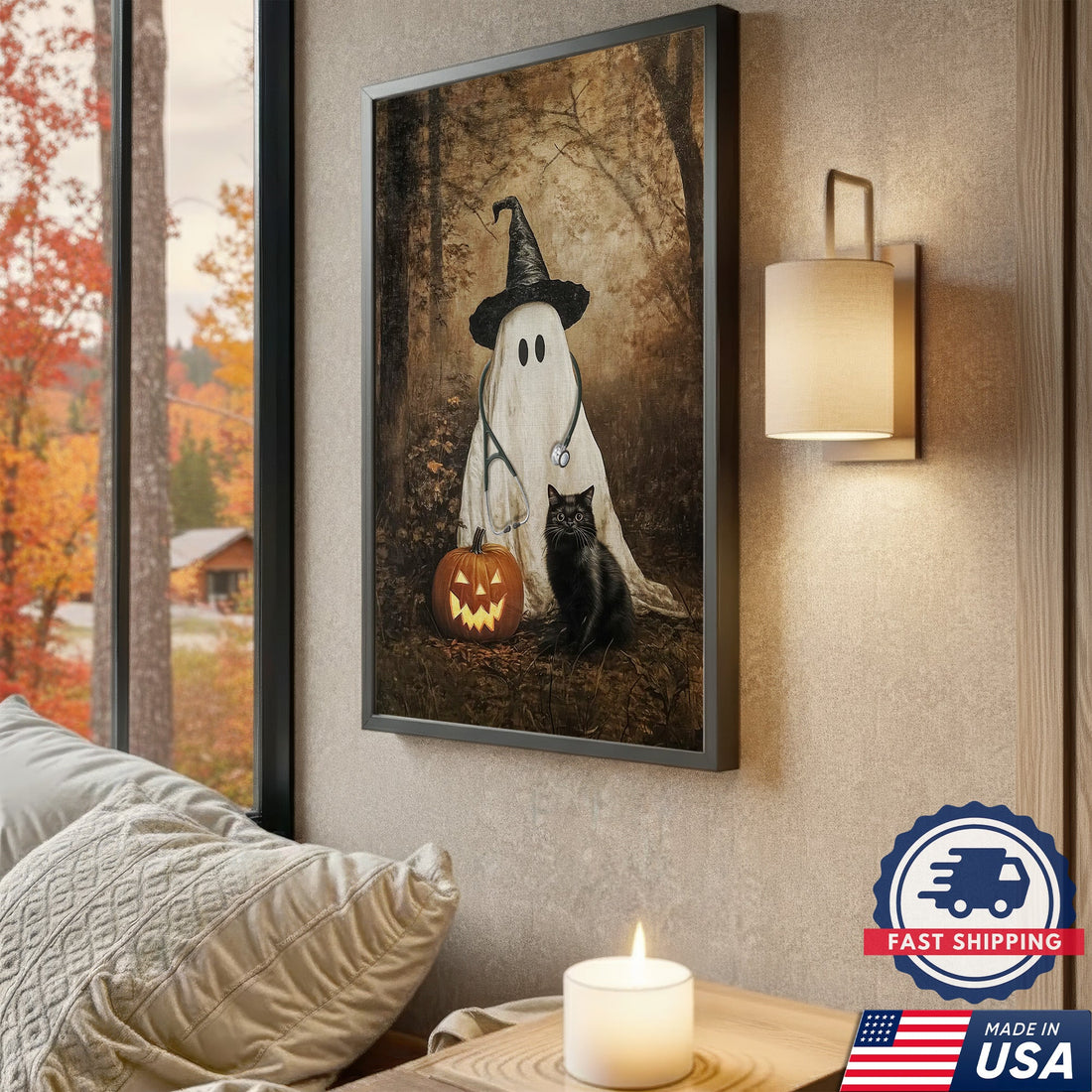 Ghost Pumpkin Black Cat Nurse Canvas - Halloween Gift