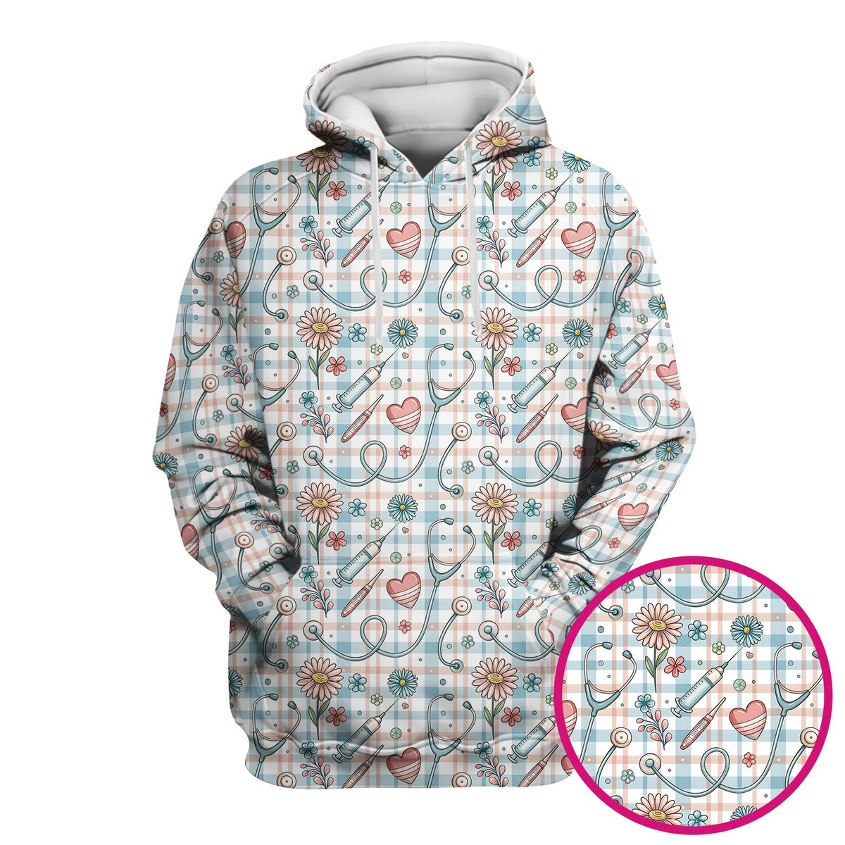 Stethoscope Heart Syringe Floral Plaid Nurse Scrub Top
