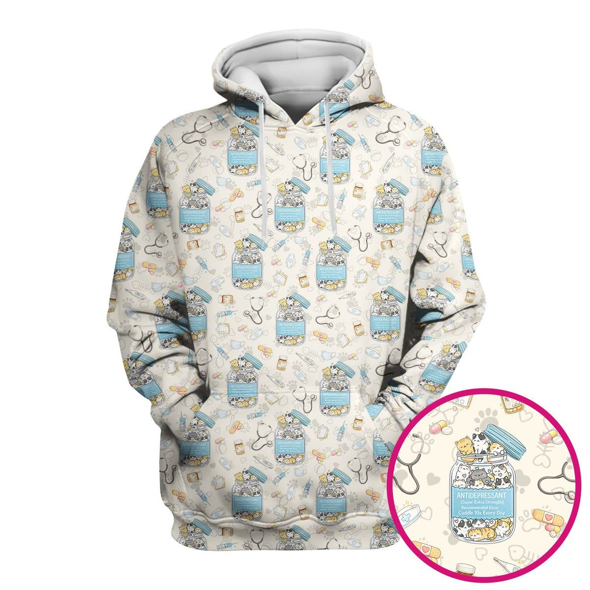 Cute Antidepressant Cat Jar Print Nurse Scrub Top, Breathable Fabrics Nursing Uniform