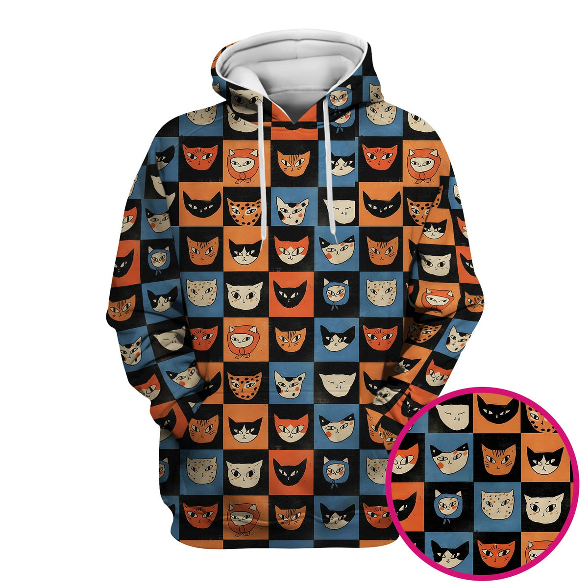 Cute Retro Cat Faces Checkerboard Print Scrub Top, Comfortable Scrubs For Nurses