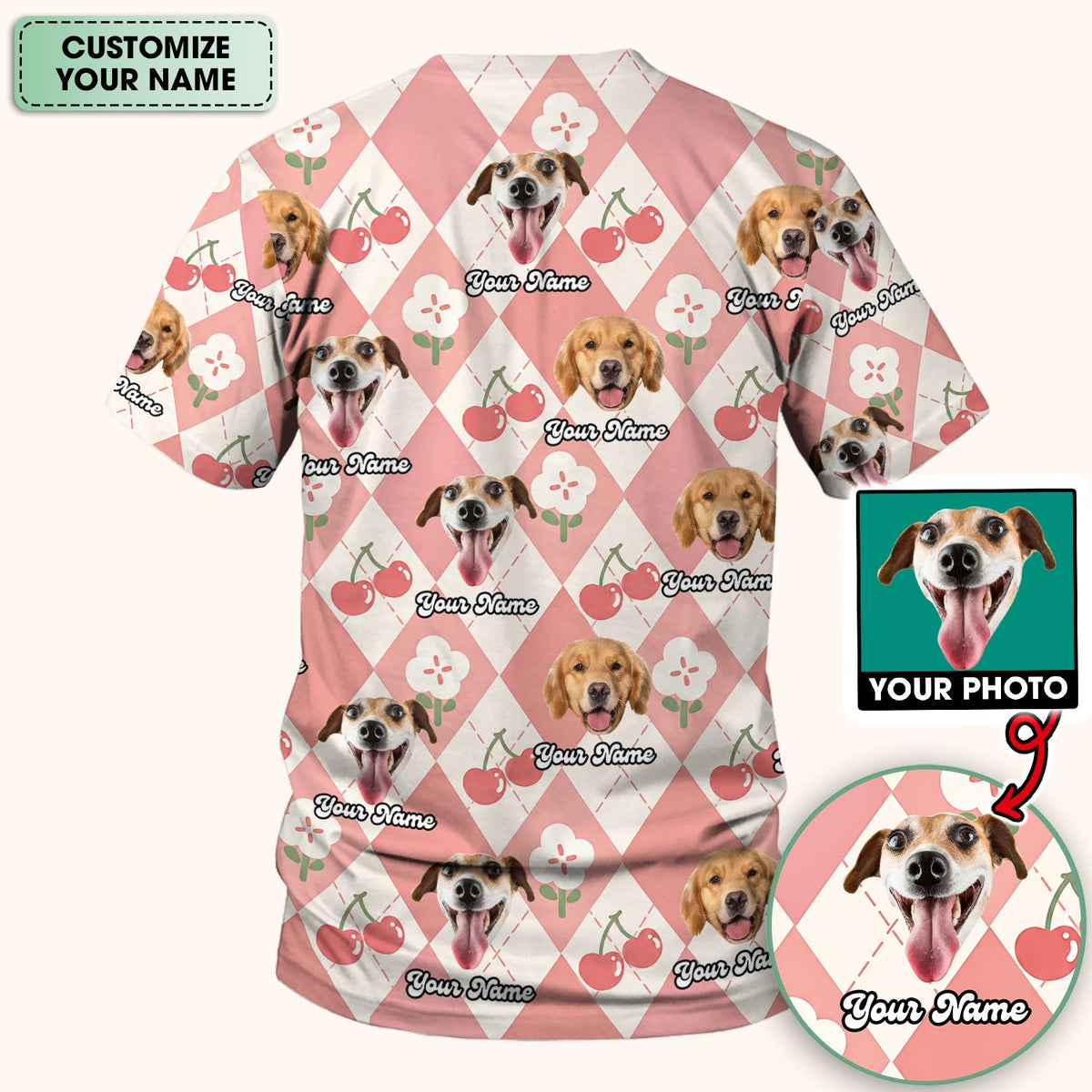 Dog Face Cherry Argyle Nurse Scrub Top