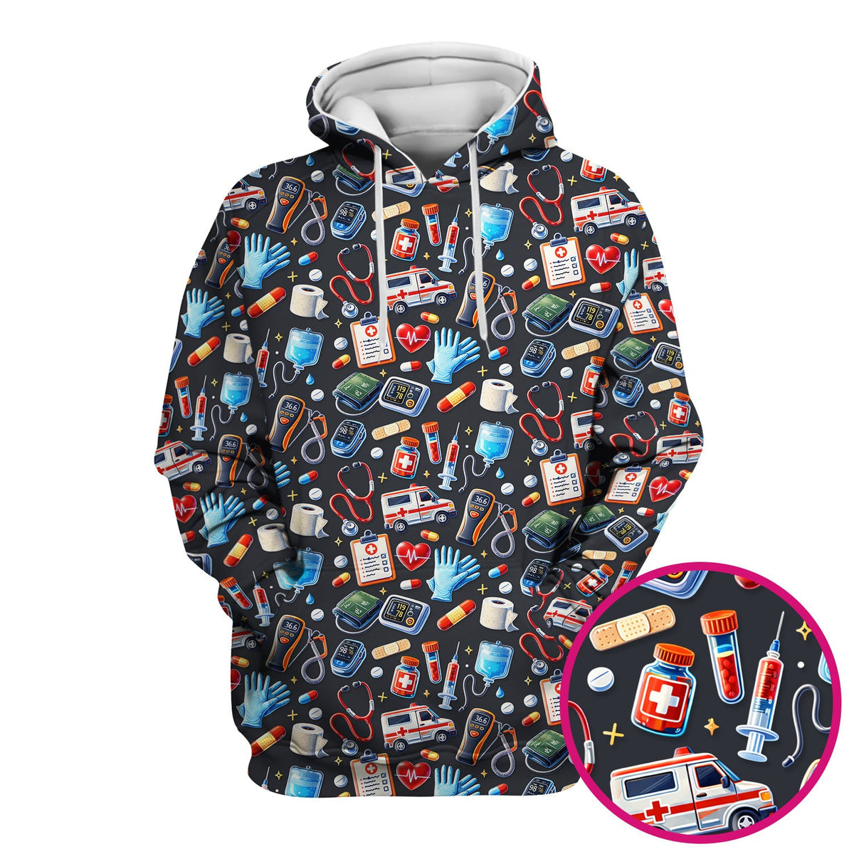Medical Tools Pattern Ambulance Stethoscope Scrub Top, Comfortable Scrubs for Nurses