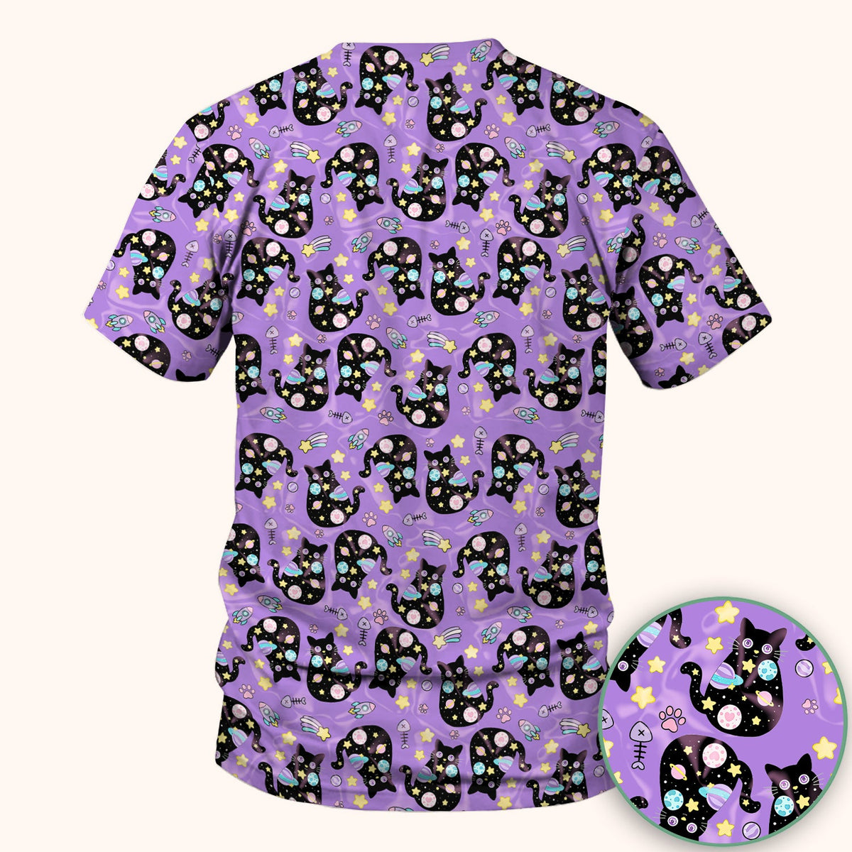 Galaxy Black Cat Space Nurse Scrub Top