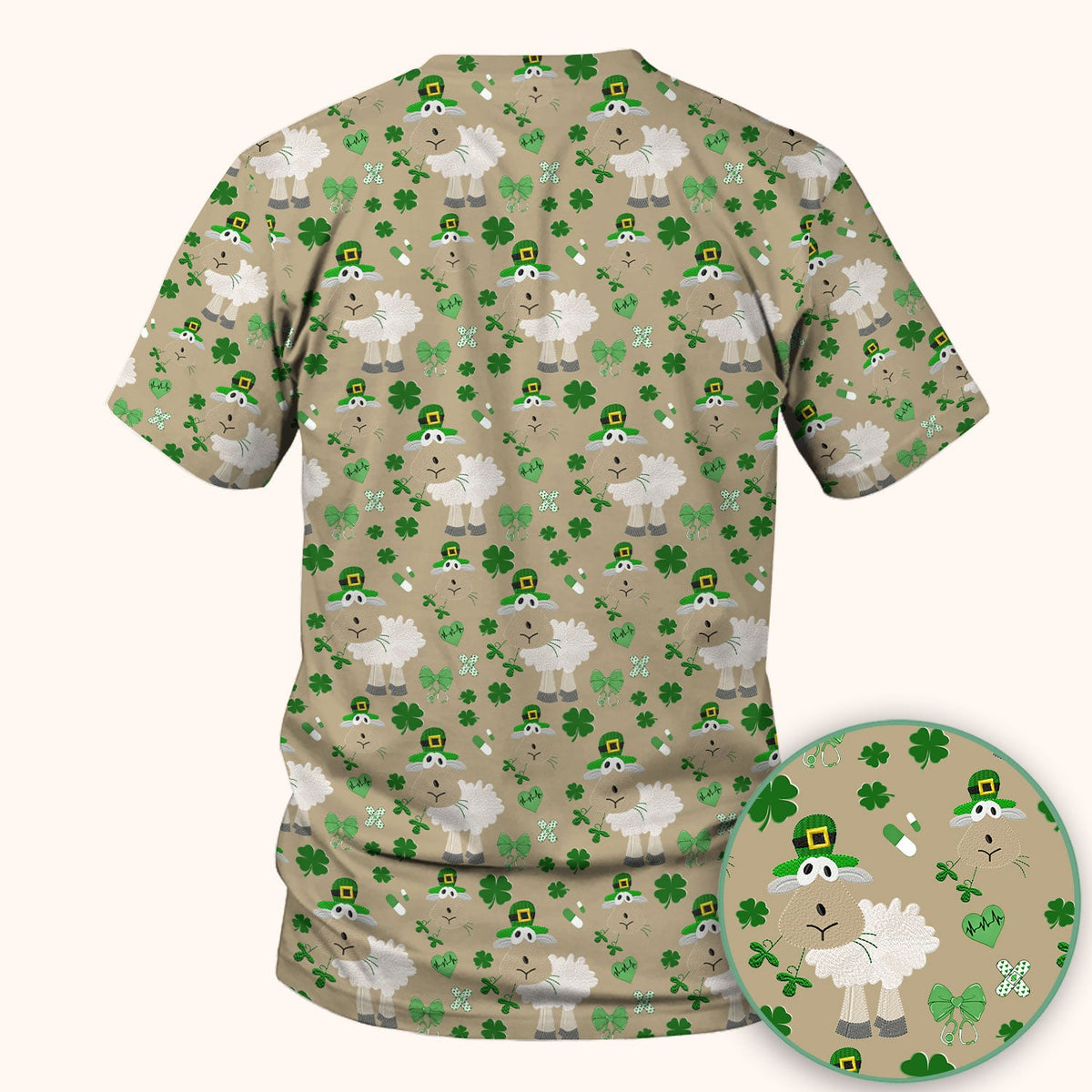 Nurse St. Patrick's Day Scrubs Top, Cute Sheep Shamrock Pattern Nurse Shirt, Breathable Fabrics Nursing Uniform