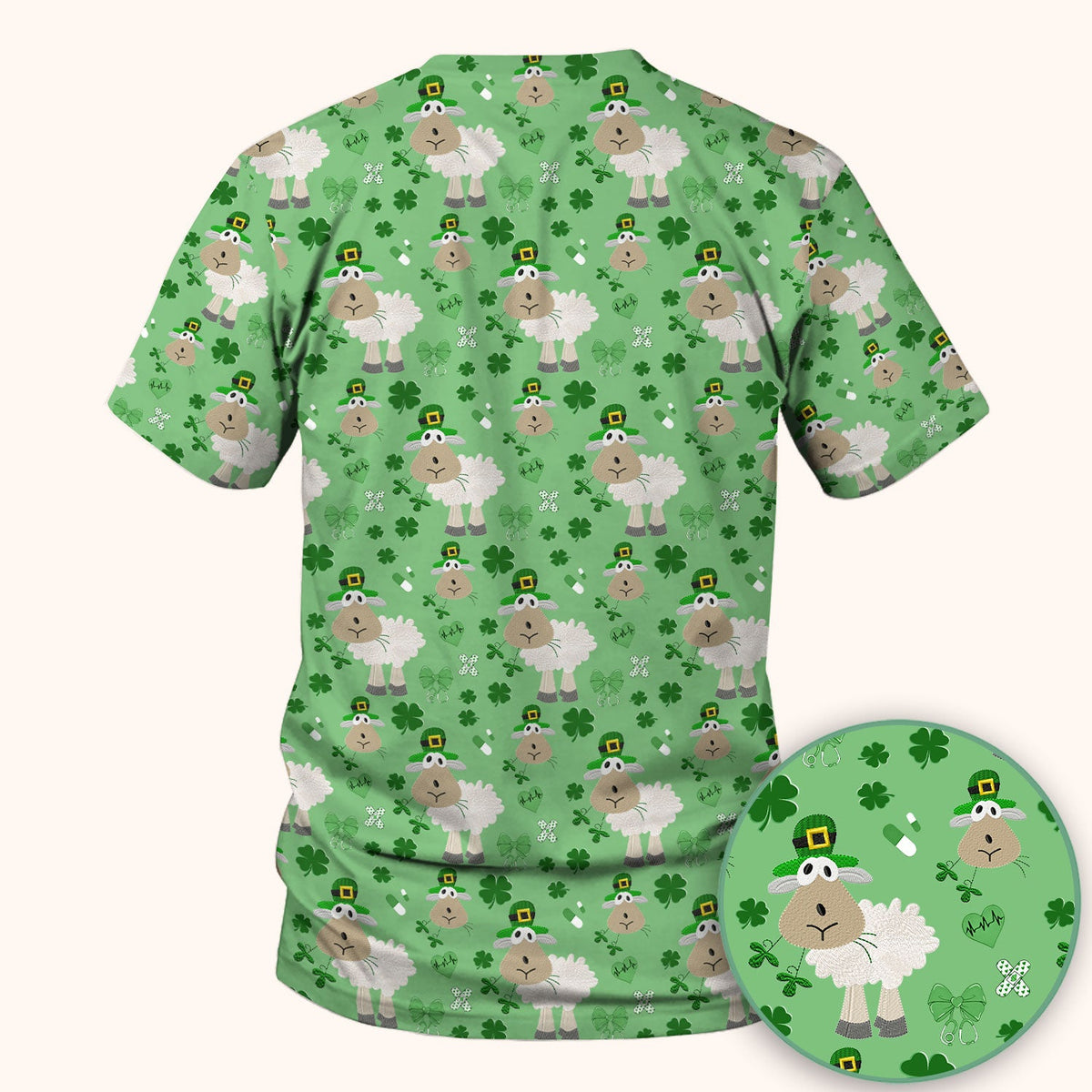 Nurse St. Patrick's Day Scrubs Top, Cute Sheep Shamrock Pattern Nurse Shirt, Breathable Fabrics Nursing Uniform