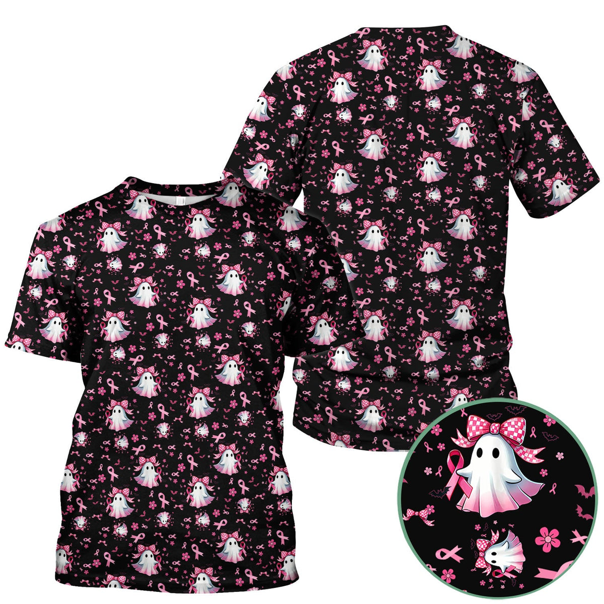 Spooky Ghost Pink Ribbon Nurse Scrub Top - Breast Cancer Gift