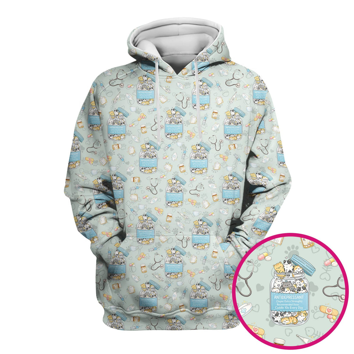 Cute Antidepressant Cat Jar Print Nurse Scrub Top, Breathable Fabrics Nursing Uniform