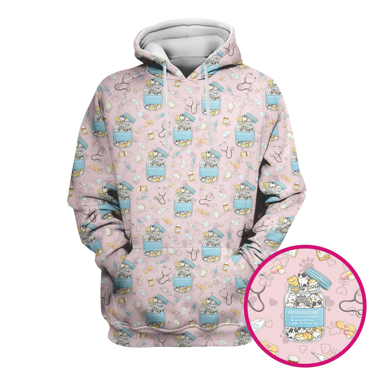 Cute Antidepressant Cat Jar Print Nurse Scrub Top, Breathable Fabrics Nursing Uniform