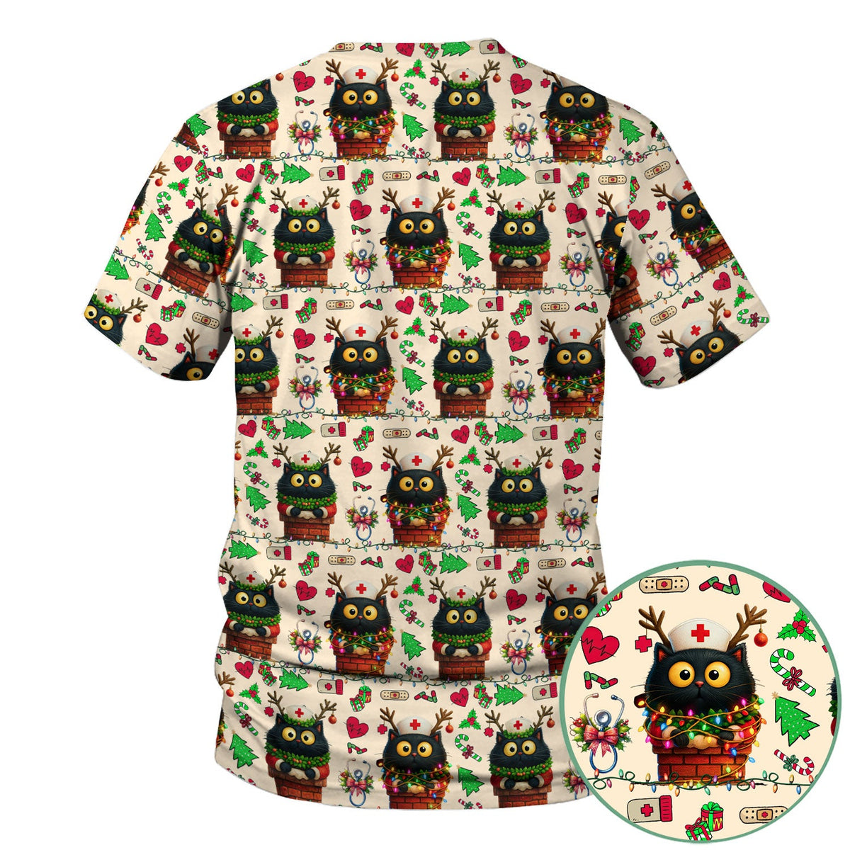 Reindeer Cat Christmas Lights Nurse Scrub Top