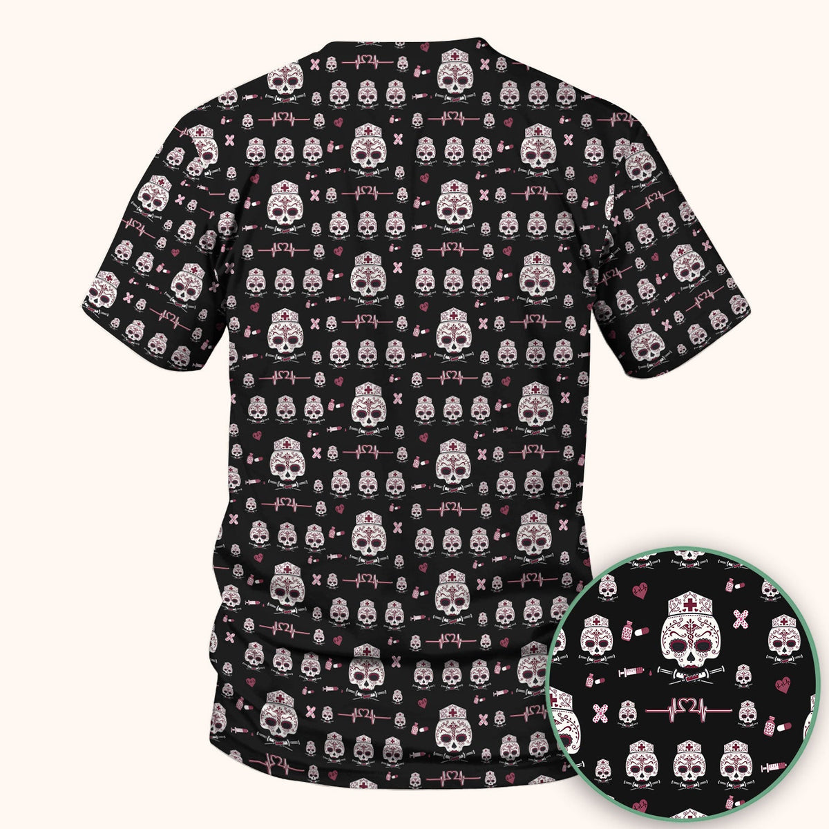 Sugar Skull Scrub Top, Skull Pattern Scrub Shirt, Breathable Fabrics Nursing Uniform