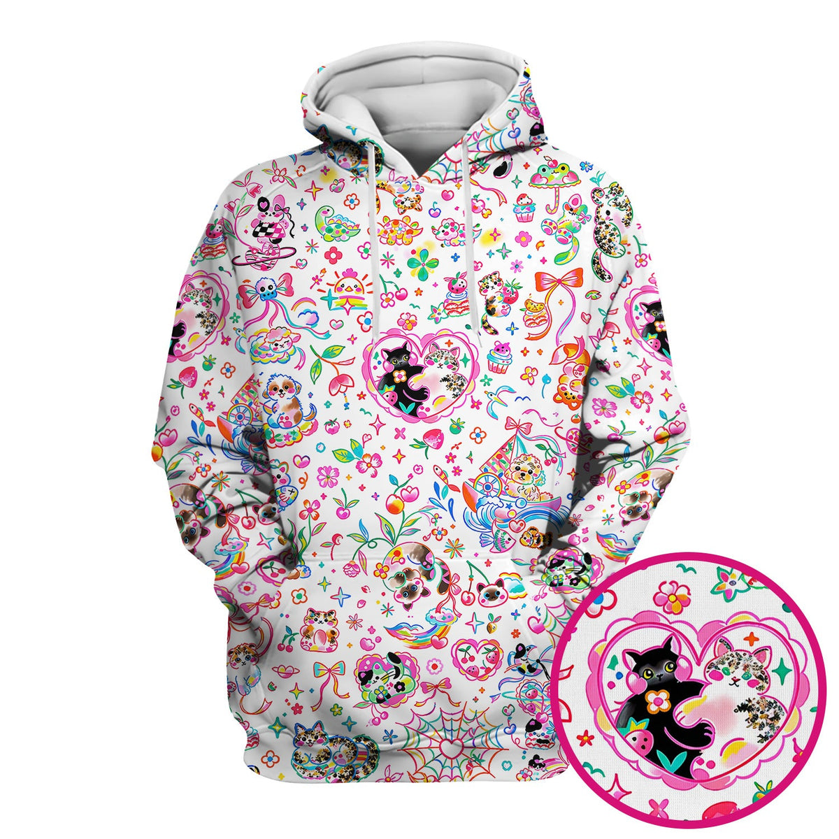 Colorful Kawaii Cat Heart Doodle Pattern Scrub Top, Comfortable Scrubs for Nurses