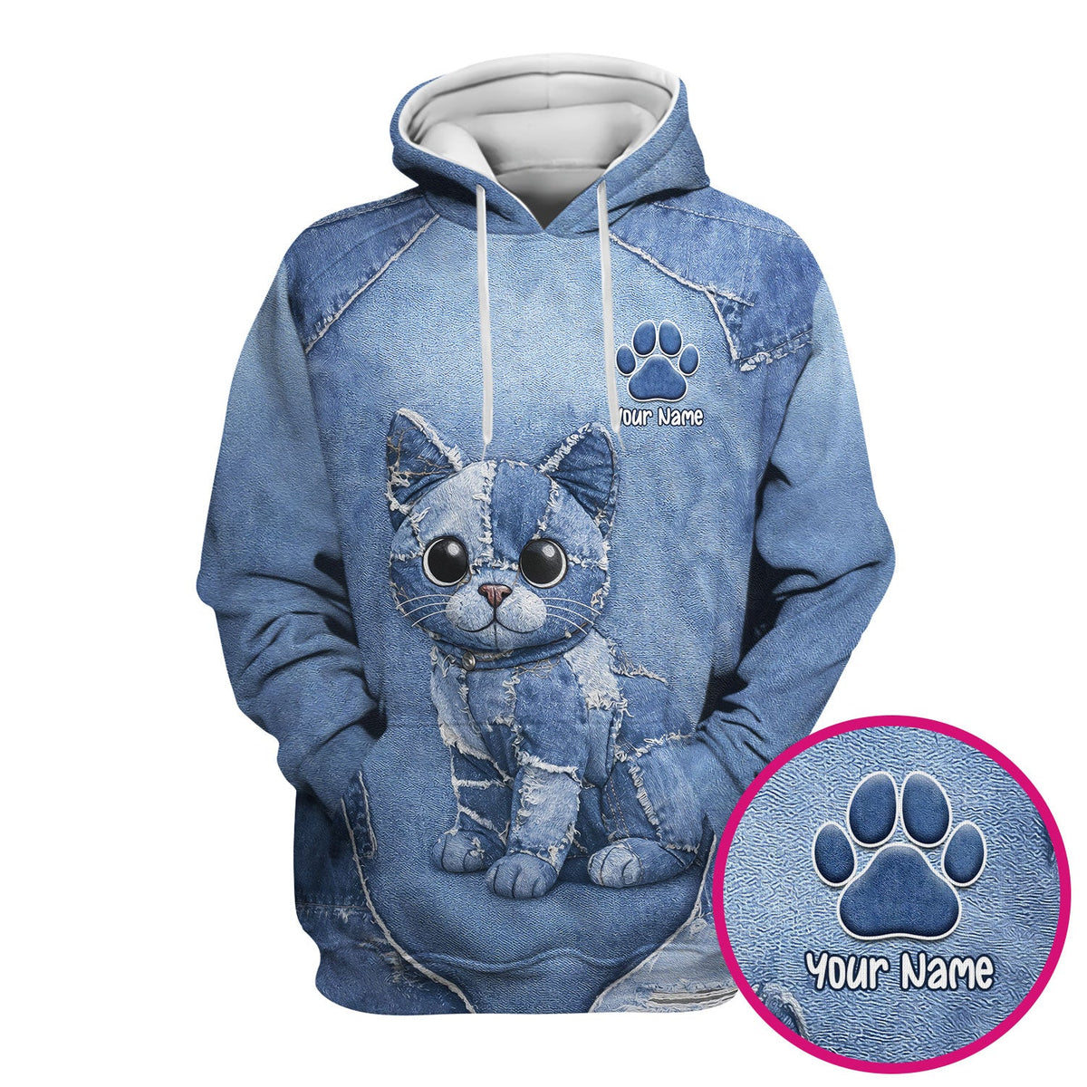 Personalized Patchwork Denim Cat Nurse Scrub Top
