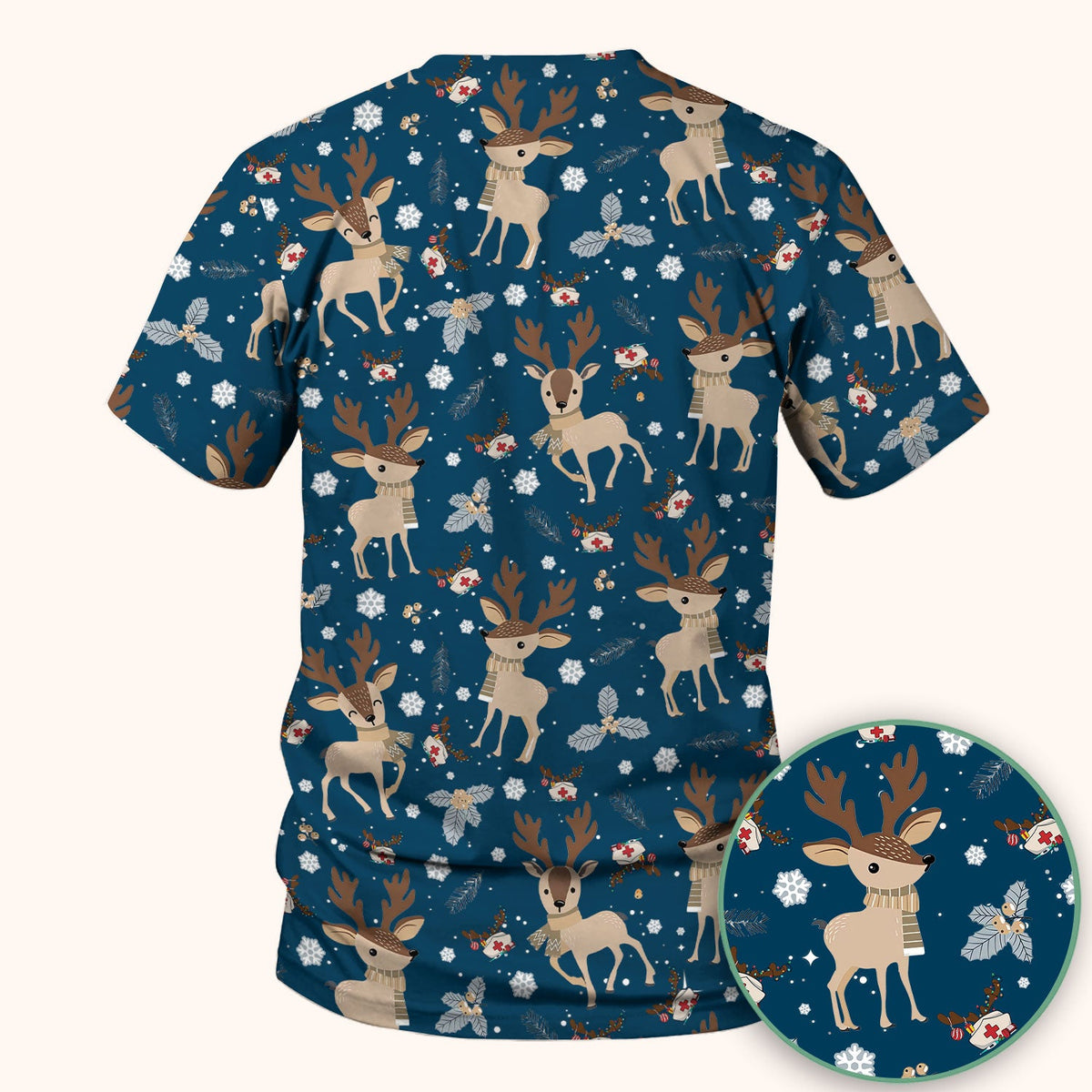 Reindeer Christmas Scrub Top - Cozy Beige Holiday Nurse Shirt with Cute Deer Pattern - Festive Medical Scrubs for Women RN CNA LPN