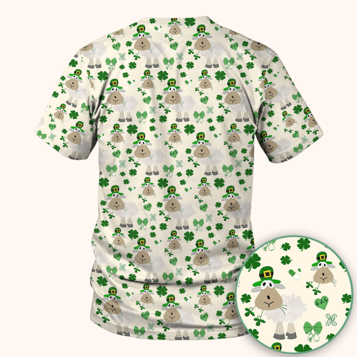 Nurse St. Patrick's Day Scrubs Top, Cute Sheep Shamrock Pattern Nurse Shirt, Breathable Fabrics Nursing Uniform