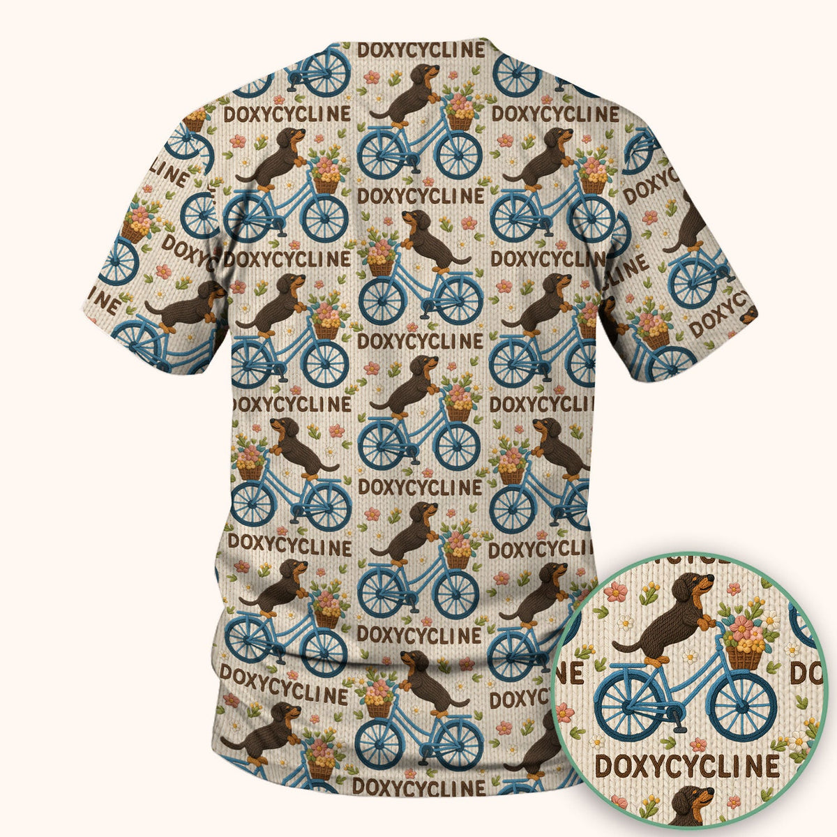 Doxycycline Pharmacy Pun Scrub Top - Dachshund on Bicycle Pharmacists Shirt - Veterinary Technicians Gift