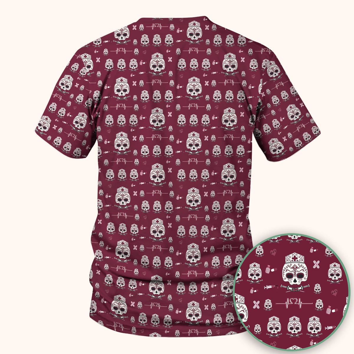 Sugar Skull Scrub Top, Skull Pattern Scrub Shirt, Breathable Fabrics Nursing Uniform