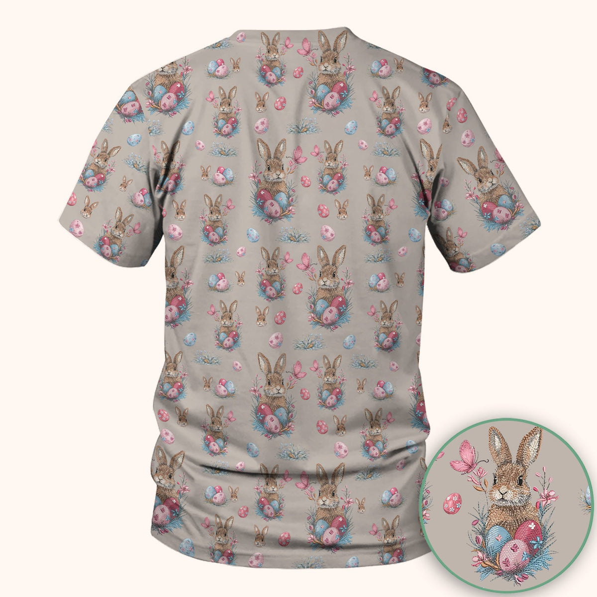 Pastel Easter Bunny Nest Pattern Scrub Top, Comfortable Scrubs for Nurses