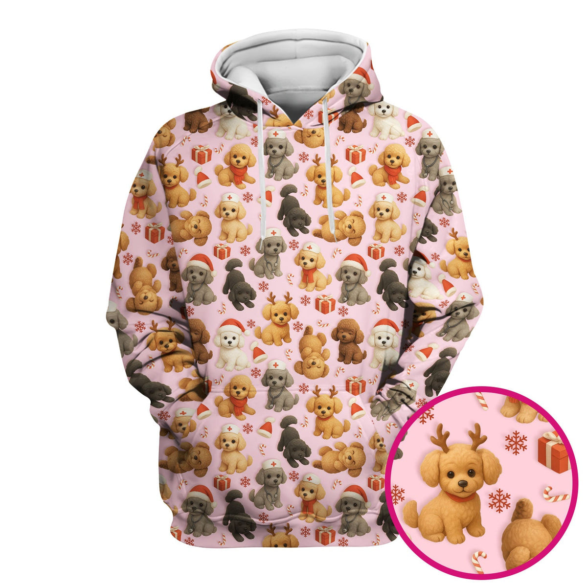 Poodle Scrubs Christmas Edition - Cute Dog Pattern Medical Scrub Top for Women - Holiday Christmas Scrubs with Fun Festive Puppy Print