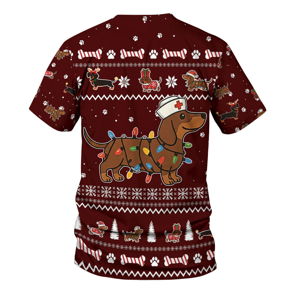 Christmas Dachshund Nurse Scrub Top for Women - Cute Sausage Dog Wearing Lights - Funny Holiday Medical Shirt Gift for RN CNA LPN