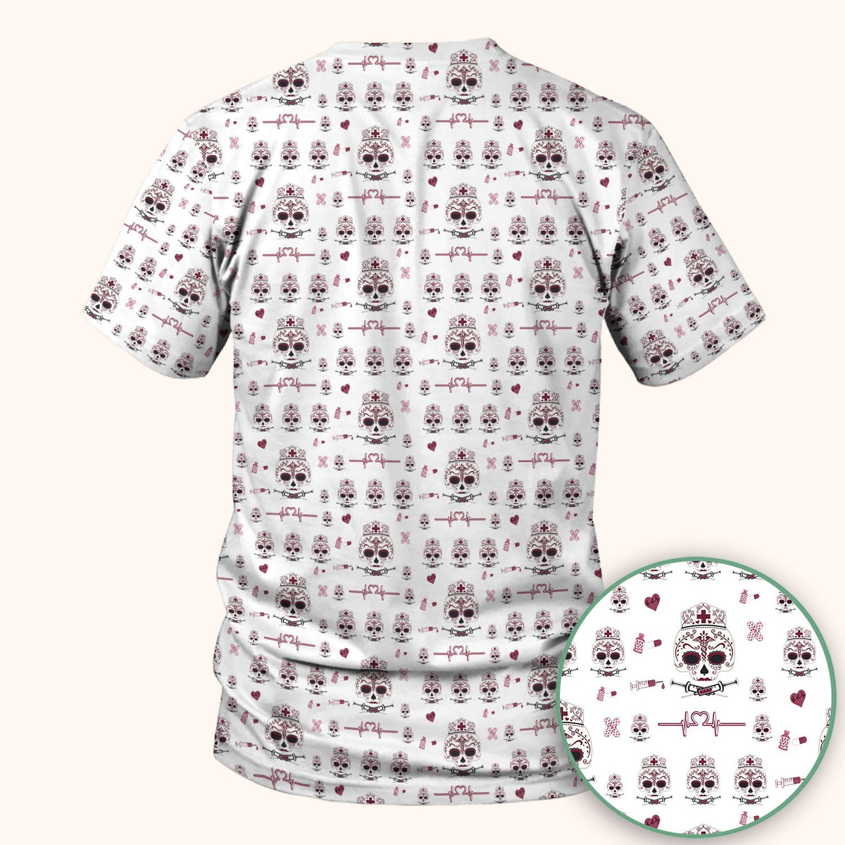 Sugar Skull Scrub Top, Skull Pattern Scrub Shirt, Breathable Fabrics Nursing Uniform