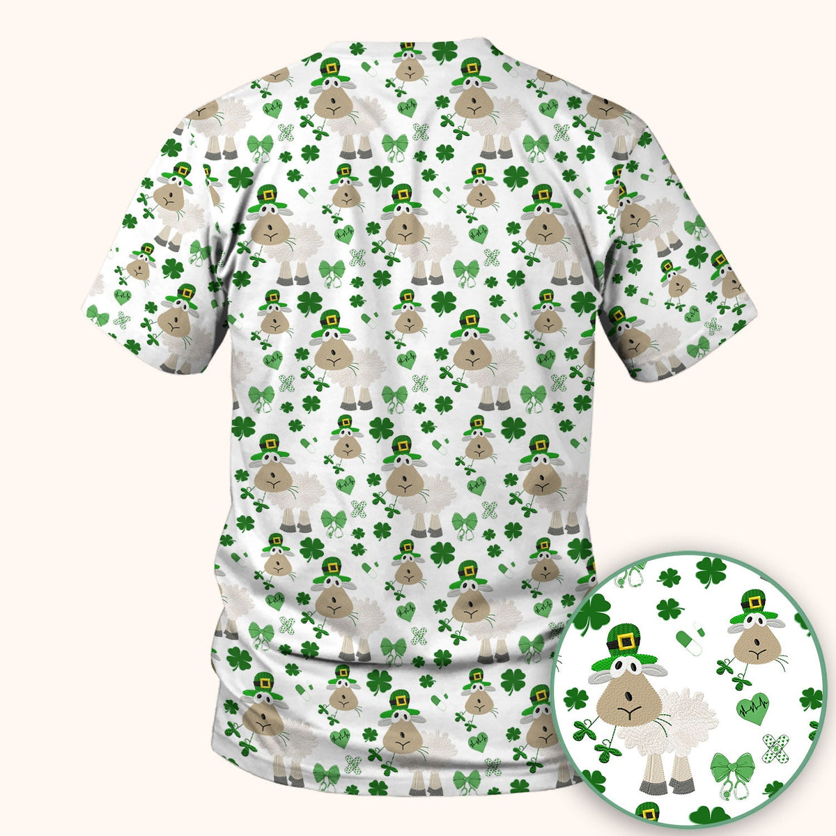 Nurse St. Patrick's Day Scrubs Top, Cute Sheep Shamrock Pattern Nurse Shirt, Breathable Fabrics Nursing Uniform