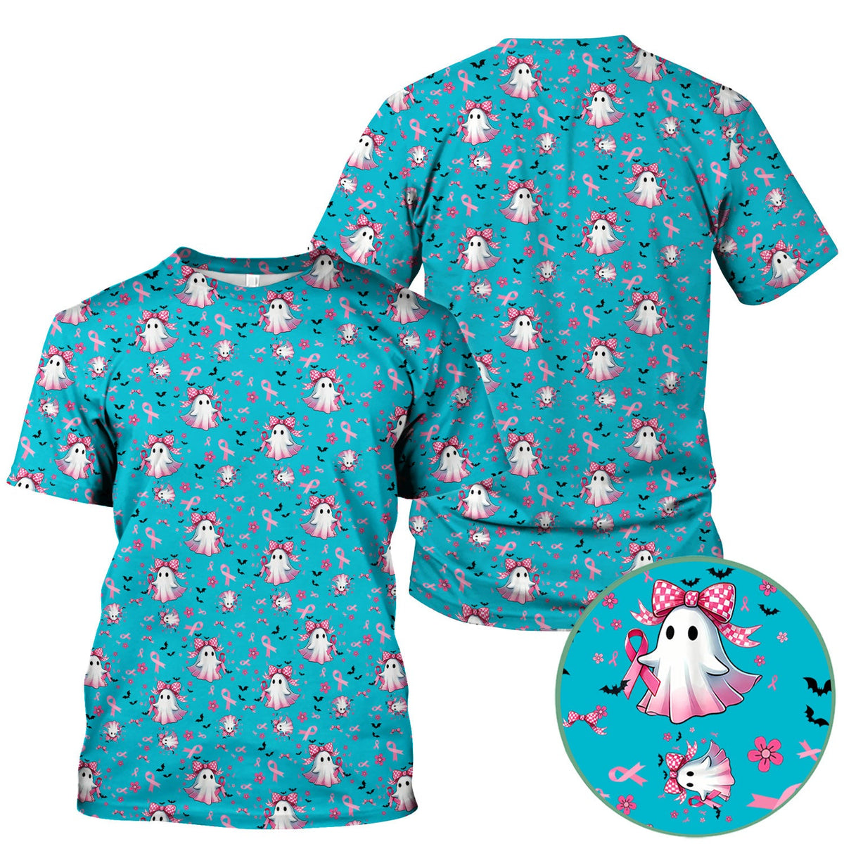Spooky Ghost Pink Ribbon Nurse Scrub Top - Breast Cancer Gift