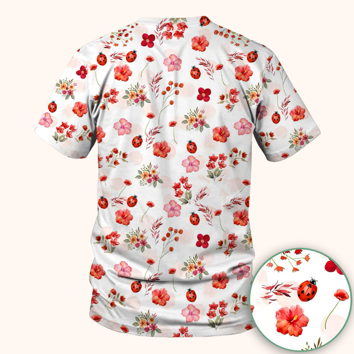 Red Ladybug Floral Garden Nurse Scrub Top