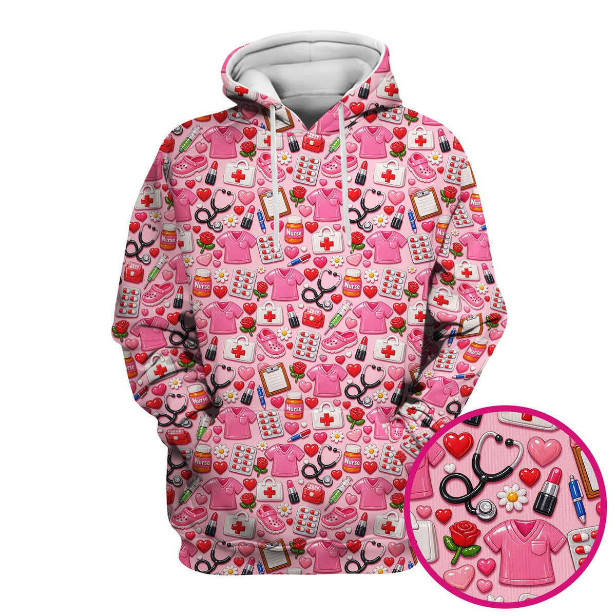 Medical Icons Scrub Top, Cute Pattern Nurse Shirt, Breathable Fabrics Nursing Uniform