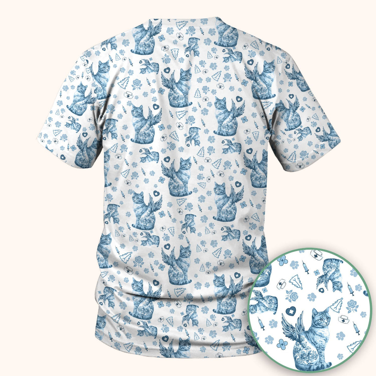 Toile de Jouy Cat Angel Scrub Top - Blue Vintage Nurse Shirt - French Style Medical Uniform for Women RN LPN CNA Gift