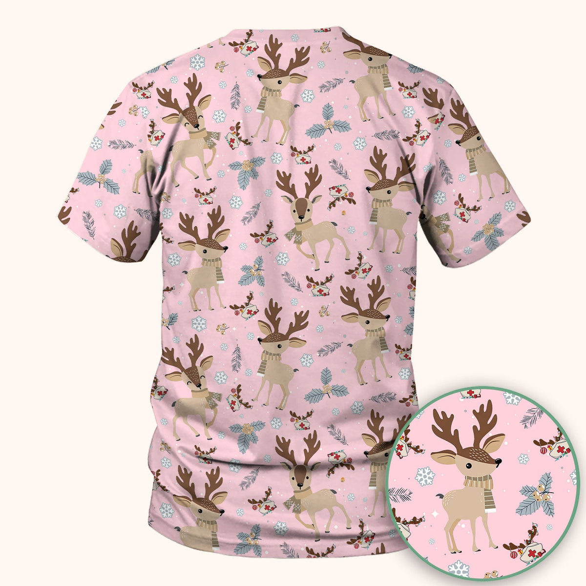Reindeer Christmas Scrub Top - Cozy Beige Holiday Nurse Shirt with Cute Deer Pattern - Festive Medical Scrubs for Women RN CNA LPN