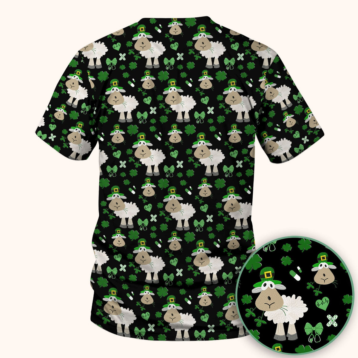 Nurse St. Patrick's Day Scrubs Top, Cute Sheep Shamrock Pattern Nurse Shirt, Breathable Fabrics Nursing Uniform