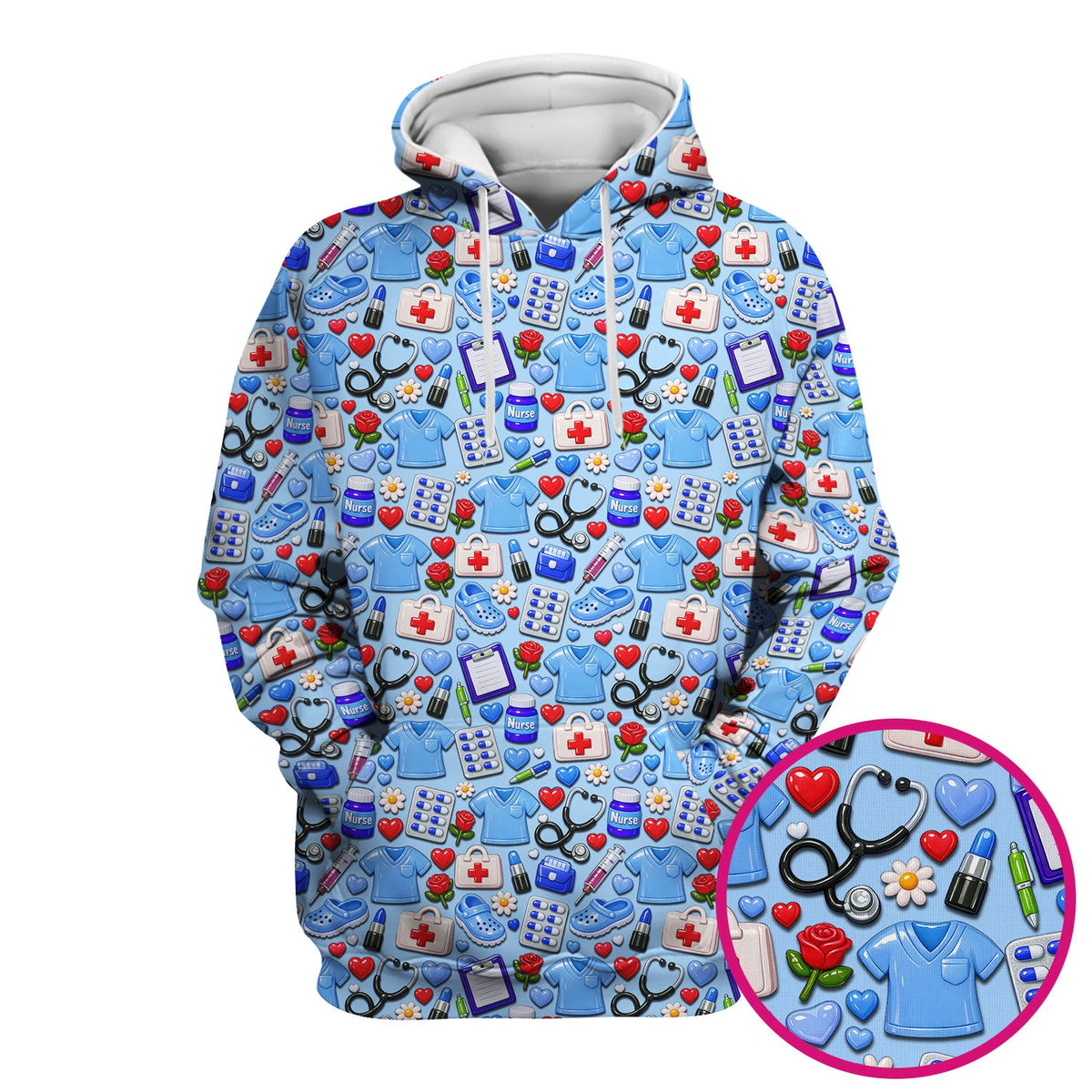 Medical Icons Scrub Top, Cute Pattern Nurse Shirt, Breathable Fabrics Nursing Uniform