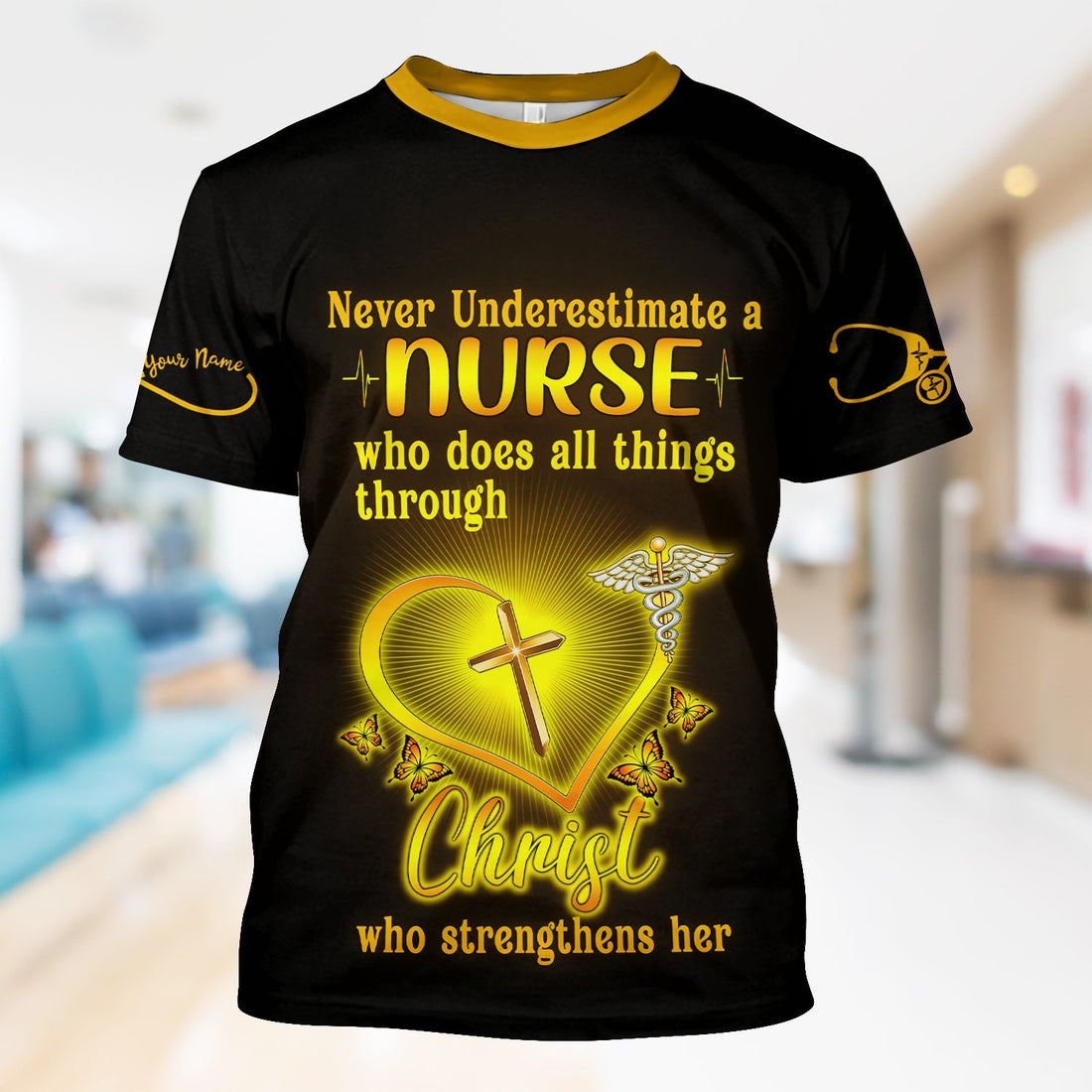 Personalized All Things Through Christ Cross Butterflies Nurse Shirt