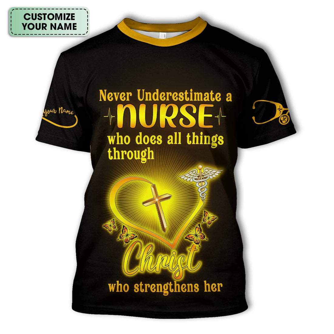 Personalized All Things Through Christ Cross Butterflies Nurse Shirt