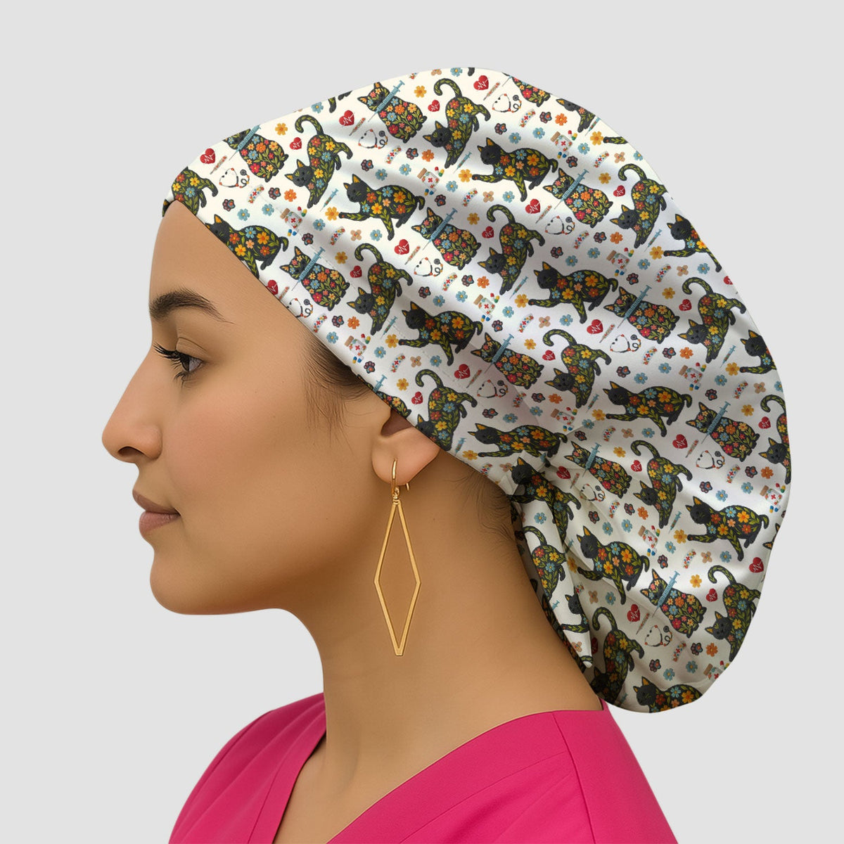 Floral Black Cat Scrub Cap