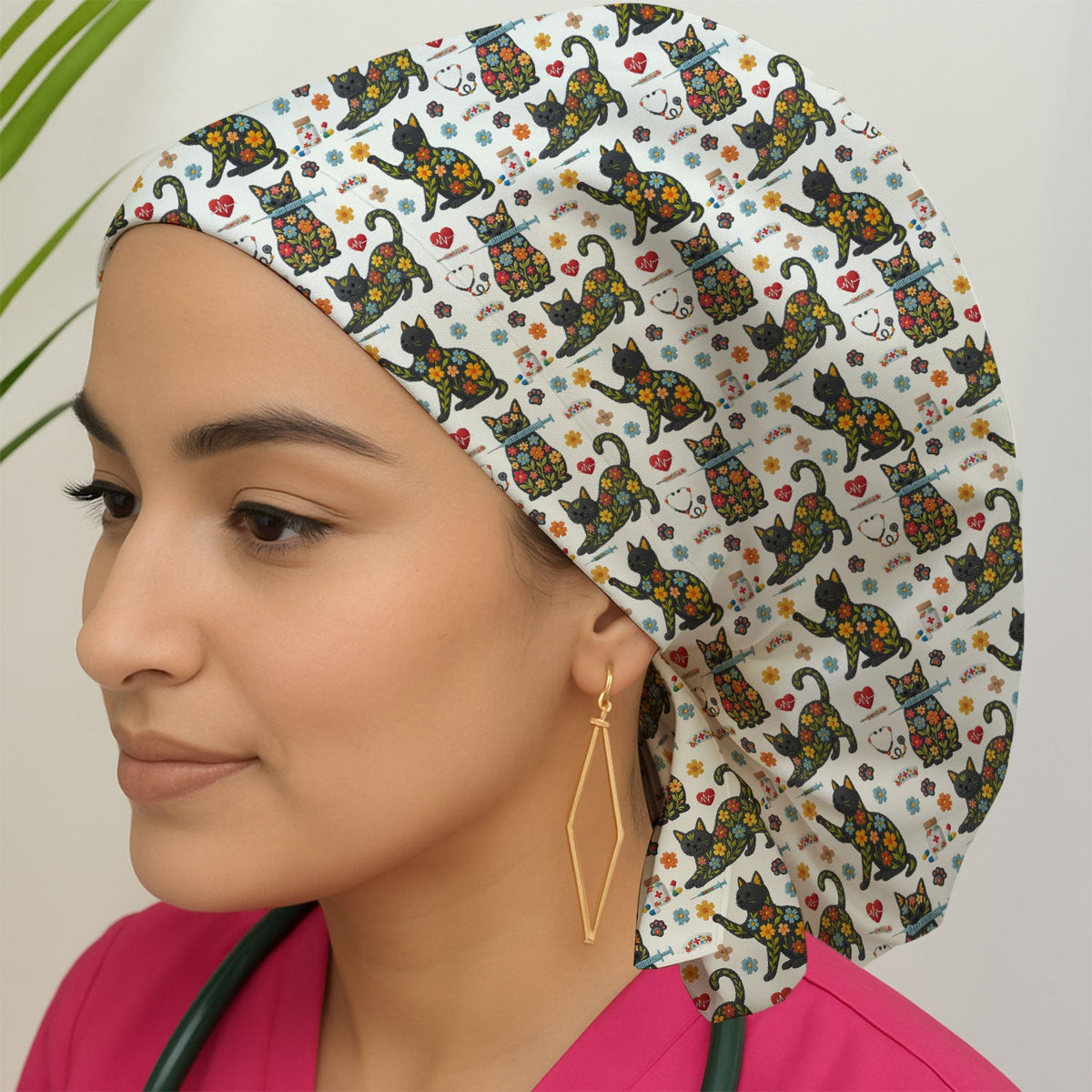 Floral Black Cat Scrub Cap