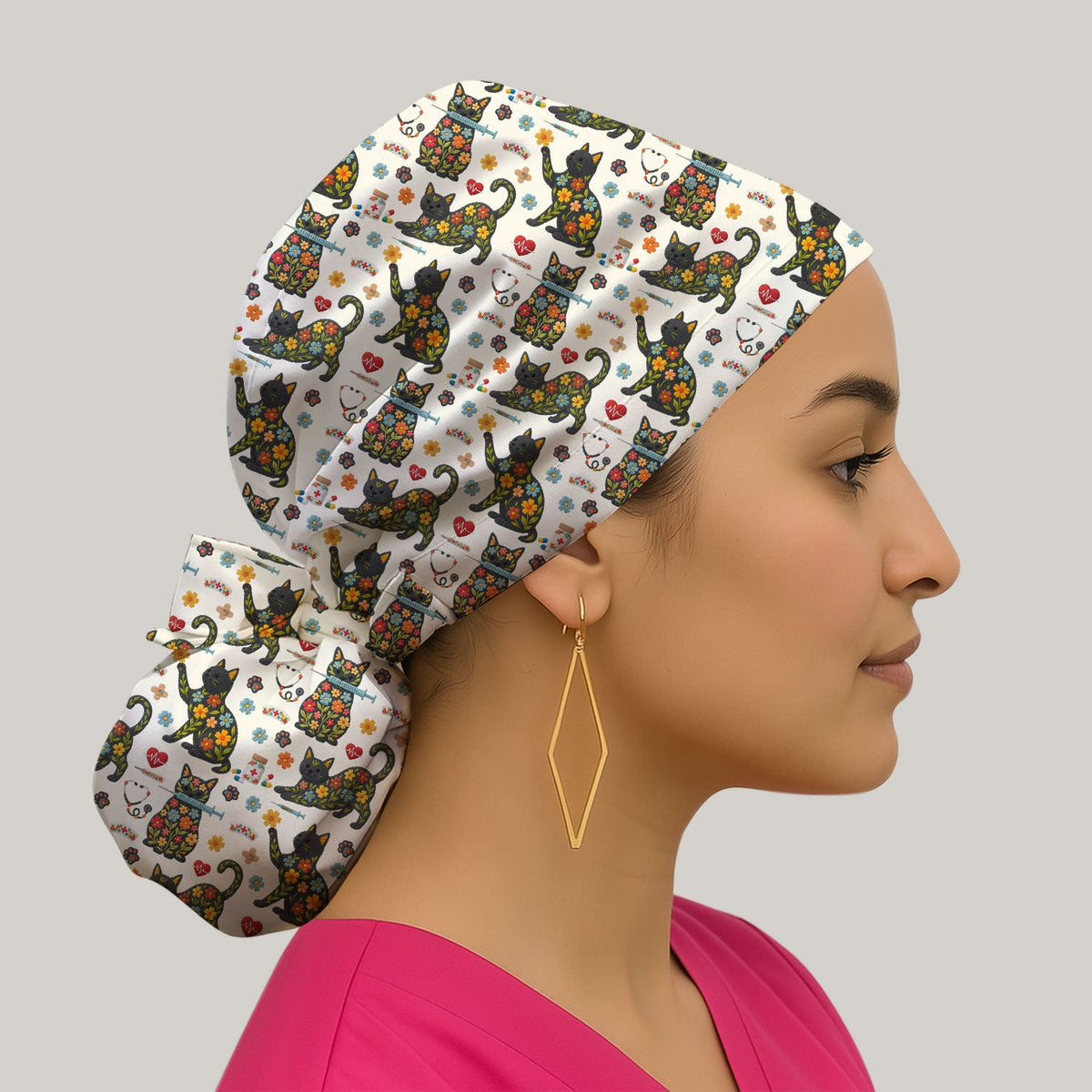 Floral Black Cat Scrub Cap