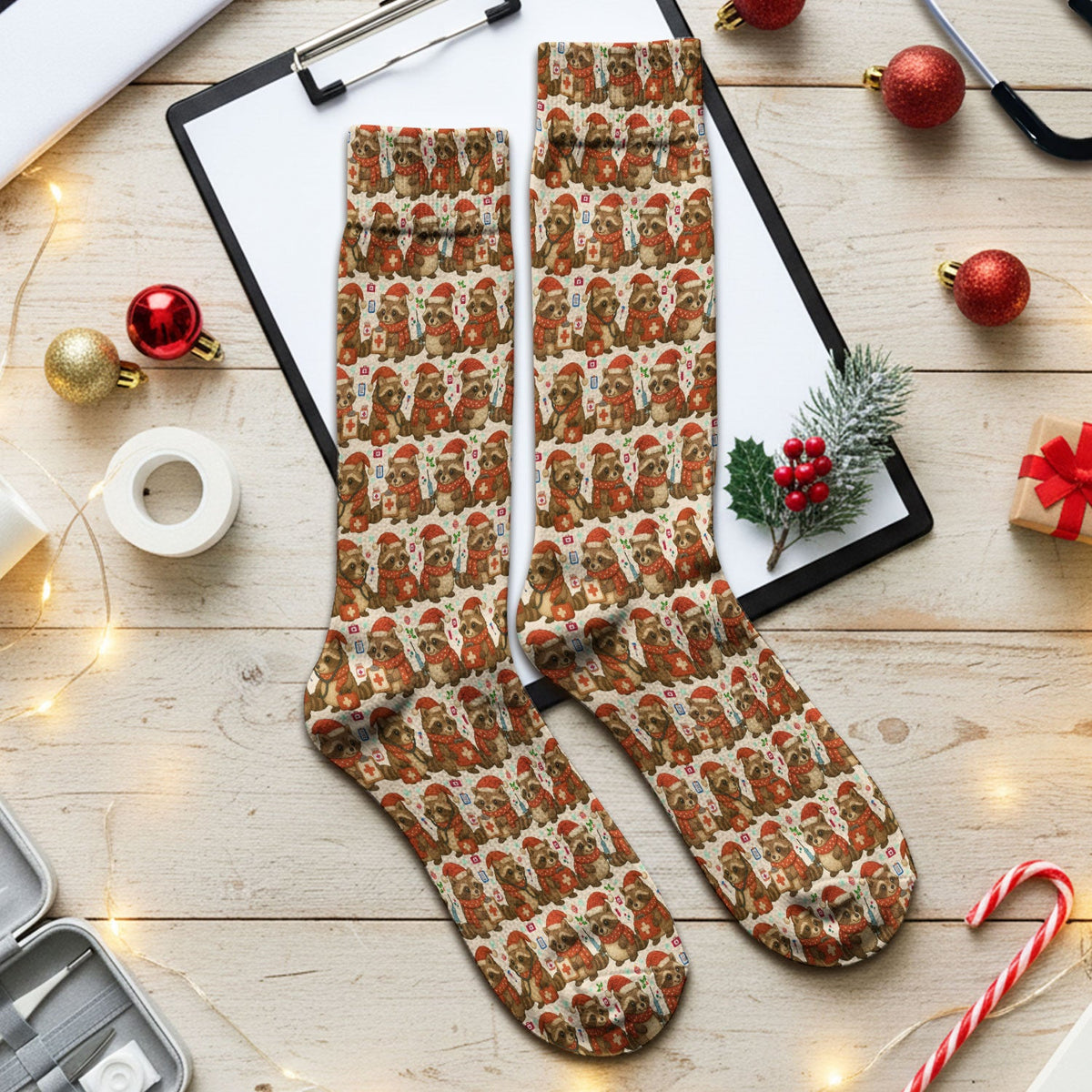 Christmas Raccoon Nurse Socks