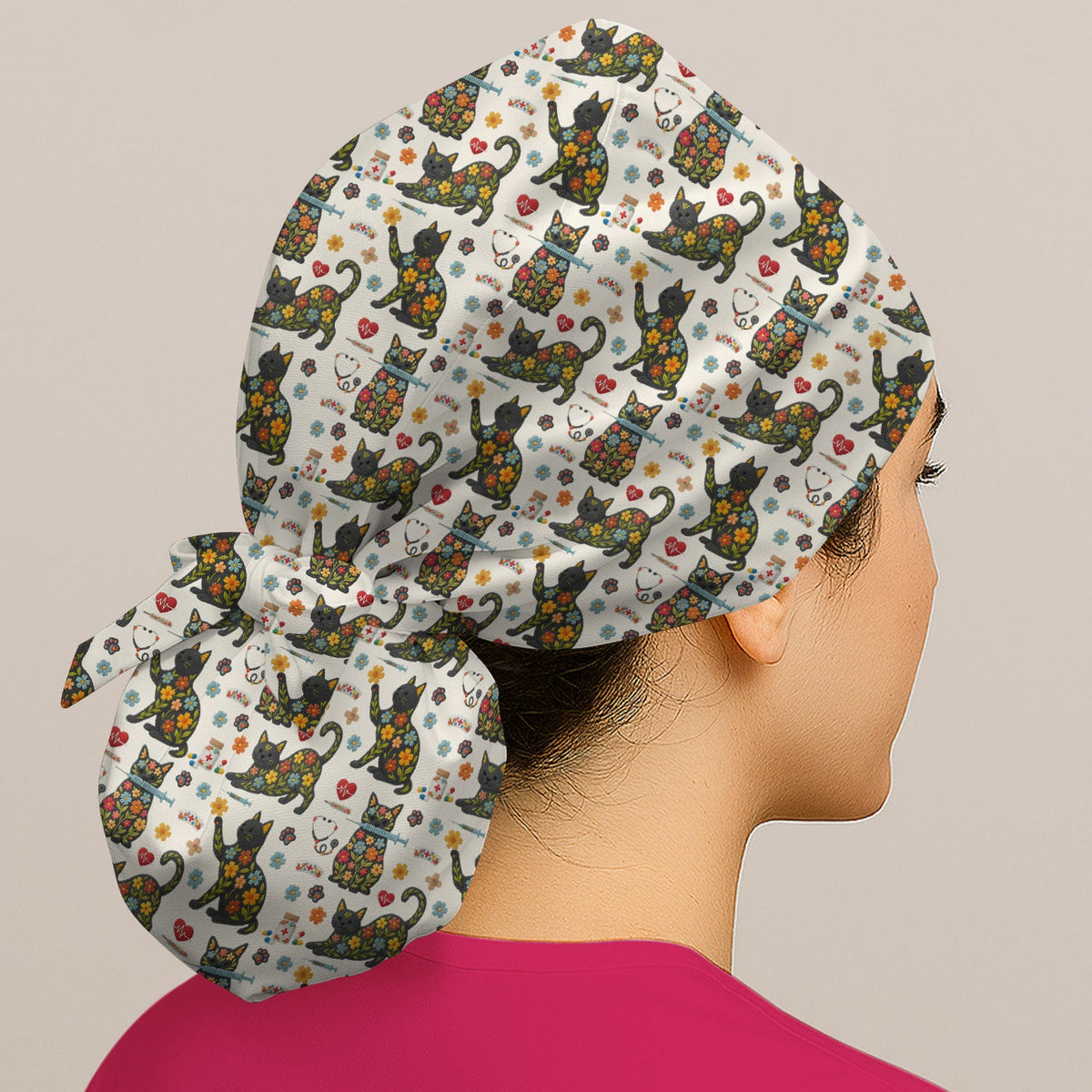 Floral Black Cat Scrub Cap