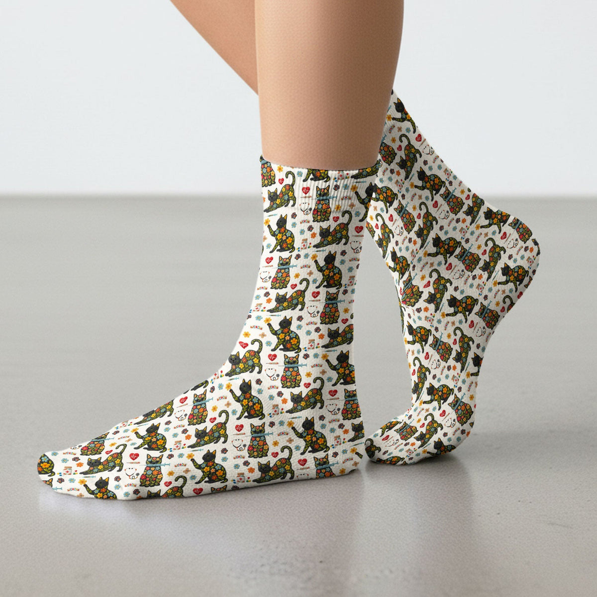 Floral Black Cat Nurse Socks